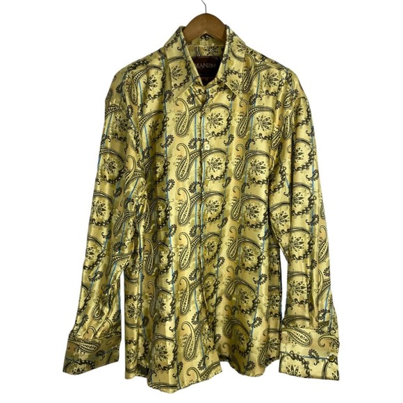 Manzini Mens Size X-Large Gold Paisley Button Down Dress Shirt Long Sleeve - Picture 1 of 9
